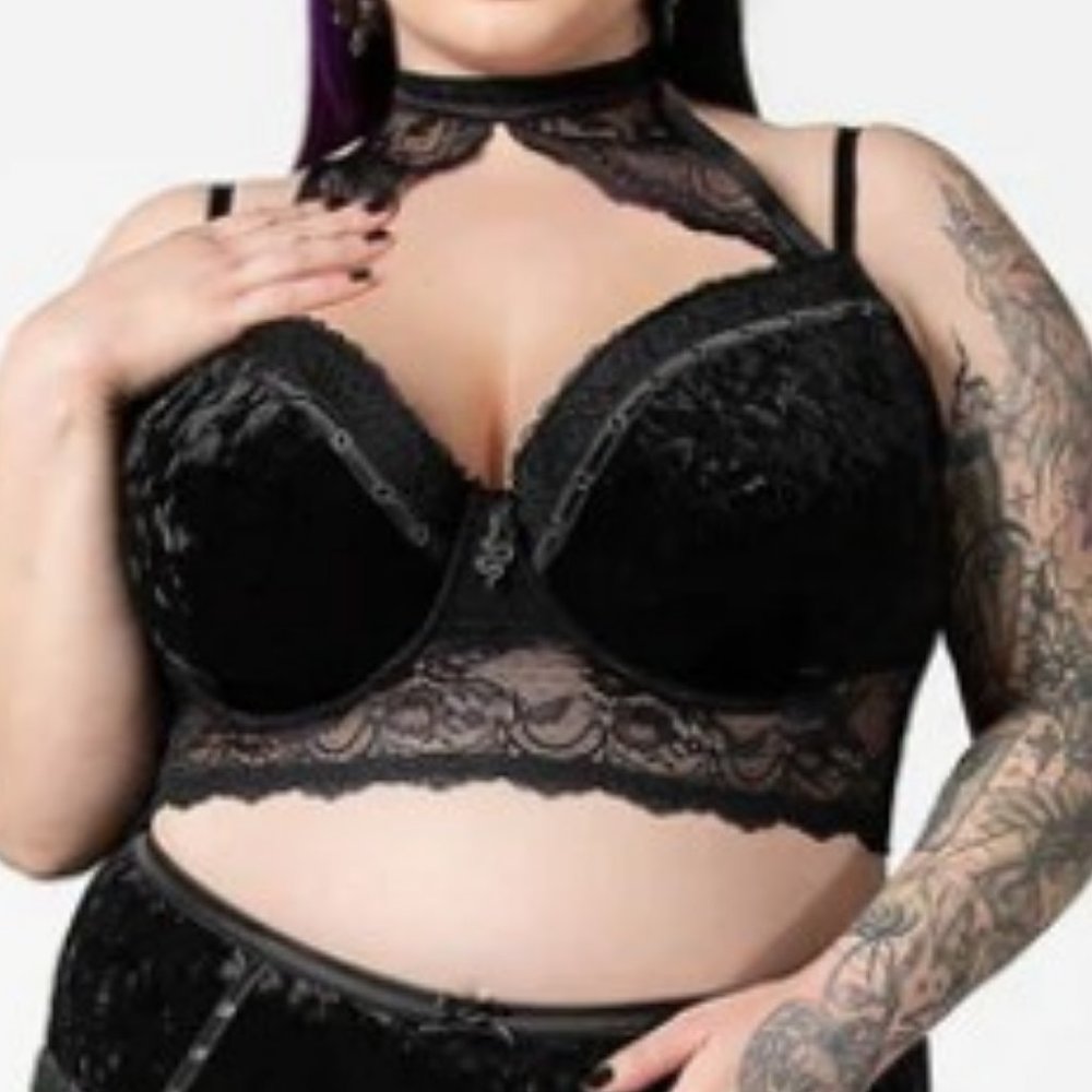 KILLSTAR Plus Size Mercy Black Velvet & Lace High Neck Bondage Bra